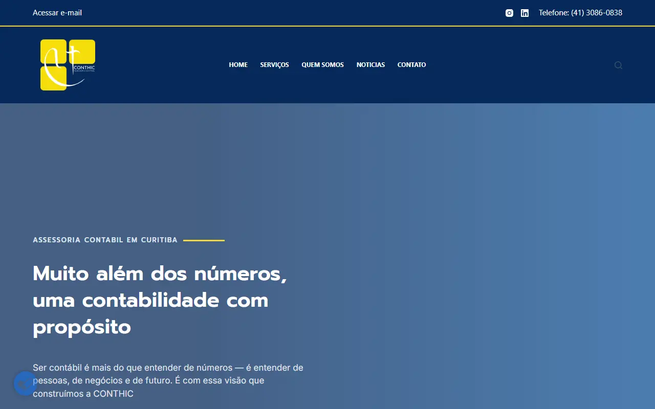 Página inicial do site Conthic Contabilidade, criado pela Chipsete