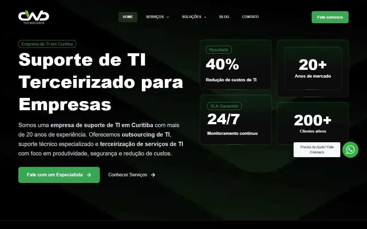Página inicial do site CWB Tecnologia, criado pela Chipsete