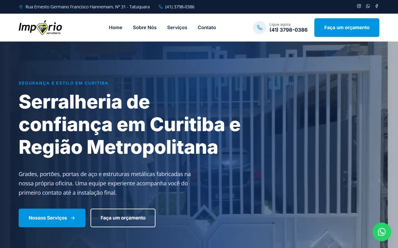 Página inicial do site Império Serralheria, criado pela Chipsete
