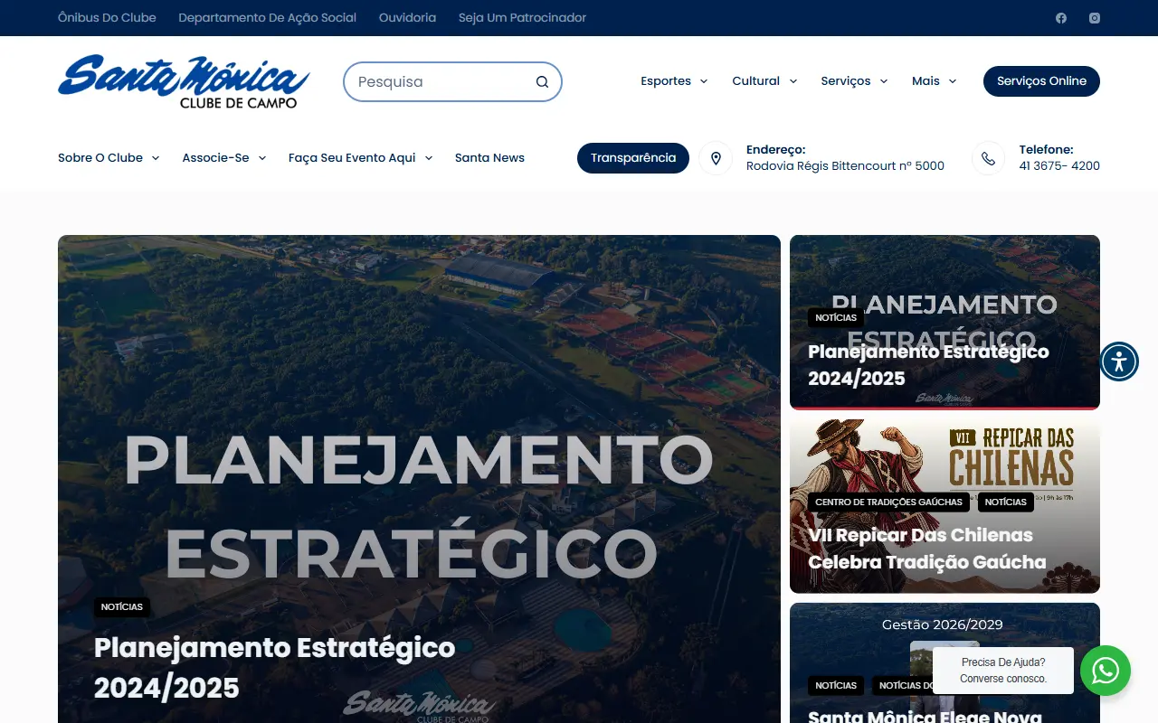 Página inicial do site Santa Mônica Clube de Campo, criado pela Chipsete