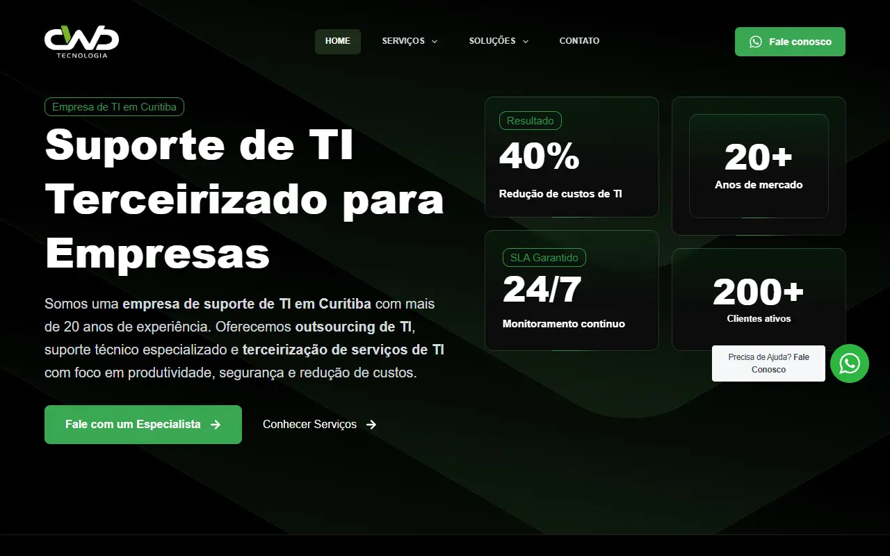 Página inicial do site Suporte de TI em Curitiba, criado pela Chipsete